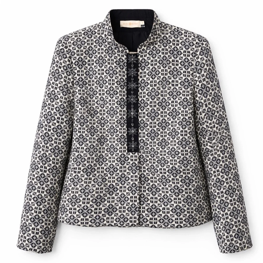 Tory Burch Embellished Jacquard Jacket Size 12 Navy Ivory Collarless Blazer